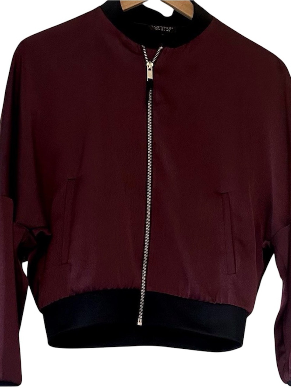 Topshop Women's Maroon Bomber Jacket with Black Trim